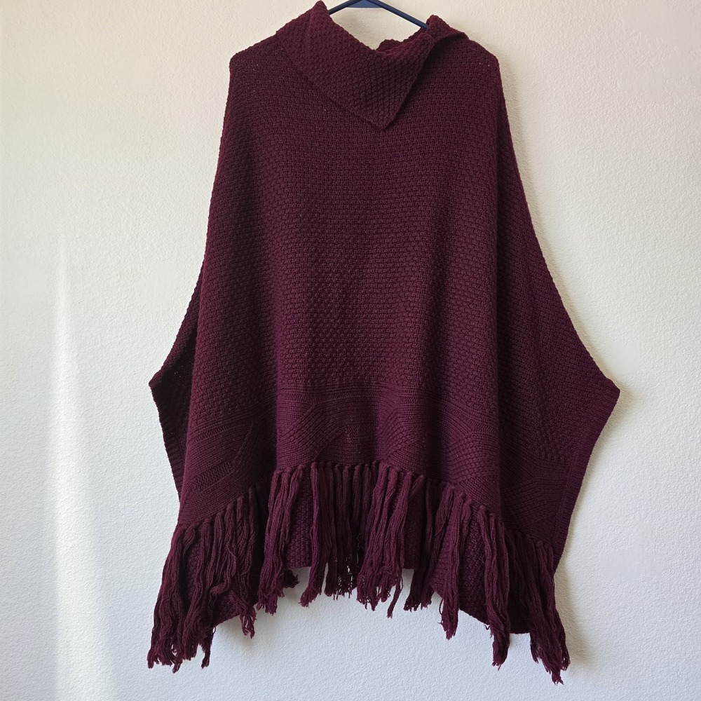 Coldwater Creek Womens OS Wine Red Knit Sweater Poncho Top Fringe Fall Cozy Boho - Picture 1 of 7